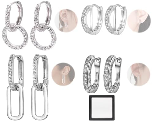 4 Stück Ohrringe Silber 925 Creolen Silber Ohrringe Damen 925, Silber Creolen für Frauen, Creolen Silber 925 Klein Ohrringe Silber 925 Creolen mit Anhänger für Damen, mit 1 Schmuckschatulle