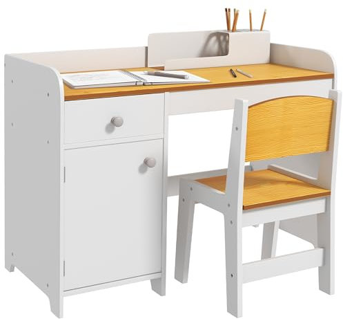 ZONEKIZ Tavolo Scrivania per Bambini con Sedia, Banco Scuola per Bambini da 3 a 6 Anni in Legno con Cassetto e Seggiola Abbinata, Bianco