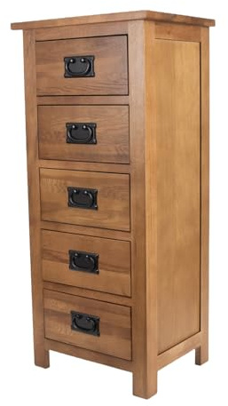 PooBa 5 Drawers Storage Solid OAK Narrow Chest Tall Cabinet，5 Drawer With Metal Handles Storage Furniture For Bedroom Living Room