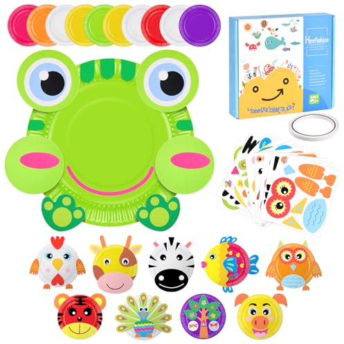 Ainiv Arts and Crafts for Kids, 10 Pack DIY Animal Round Paper Plate Art Kit with Double-Sided Tape, Preschool Learning Toys, Arts and Crafts Kit for Kids Age 3-12 Birthday Christmas Easter Gifts-A