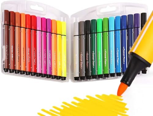 Elezeal Washable 24 Assorted Chunky Colouring Pens Kit for Kids Students Felt Tip Markers with Storage Box for Drawing Adult Colouring book Pens