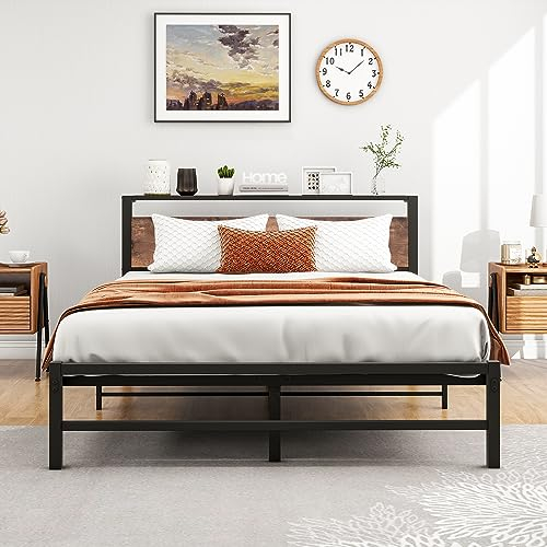 VERFARM Metallbett Bettrahmen mit Holz Lagerung Kopfteil, Bettgestelle mit Lattenrost für Schlafzimmer Gästezimmer, Einfache Montage, Rauschfrei, 140 x 200 cm