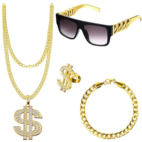 PANMAY 4 Stück Set Hip Hop Schmuck, Goldkette Fasching, Zuhälter Kostüm,Dollar Kette Gold, Rapper Kostüm,80er 90er Jahre Herren Hip Hop Mafia Kostüm Herren,Accessoire Kostüm Karneval Mottoparty