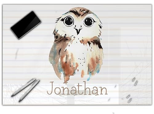 Schreibtischunterlage personalisiert mit Namen | wasserfeste Schreibunterlage, abwischbar, glatt | stabiles, hochwertiges Acrylglas, Kinder Kunststoff Tiere | 80x50cm 23- Eule