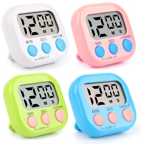VFANDV Minuteur de Cuisine Magnétique 4 Pièces, Digital Time Minuteur pour Enfants avec Support Pliable Minuteur Numérique à Compte à Rebours pour la Cuisine, L'école (4 Couleurs-002)
