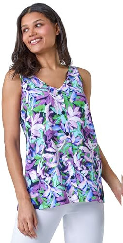 Roman Originals Womens Button Front Sleeveless Top - Ladies Smart Casual Office Work Tops Plain V-Back Chiffon Blouse Spring Summer Vest Top - Purple Green Blue - Size 12
