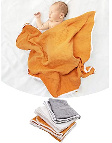 Csafyrt Baby Musselindecke, 80x60 cm Babydecke Baumwolle weich bequeme Neugeborene Wickelpackdecke mit Pom Pom White