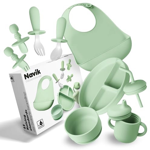 Navik | Set vajilla bebe de silicona | Contiene plato ventosa bebe dividido | vaso aprendizaje bebe | cuchara bebe | cuenco bebe ventosa | +6 meses | Verde