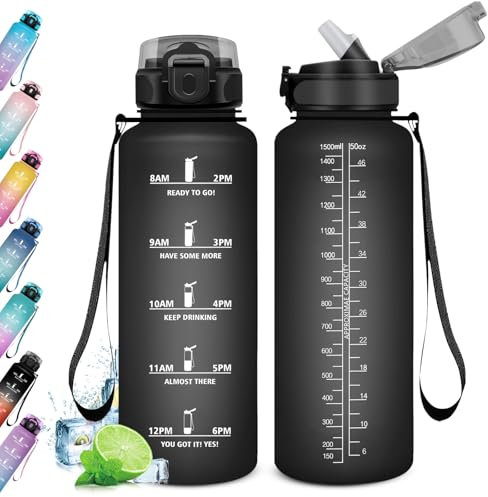 KollyKolla Gourde 1.5L, Bouteille d'eau, Gourde Paille, Étanche & Réutilisable, Gourde Sport avec Marqueur de Temps, Gourde Motivation pour Adulte, Cyclisme, Bureau, l'école, Camping