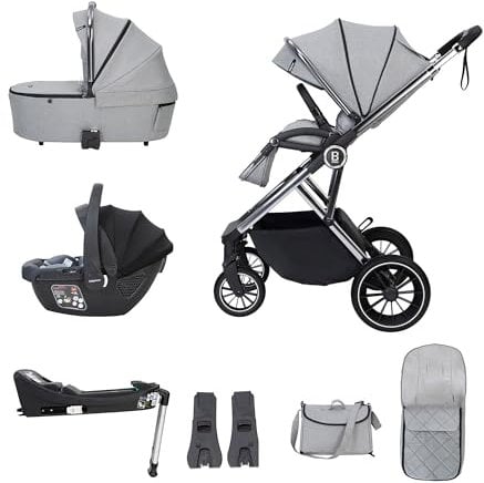 Babymore Chia Travel System with Coco i-Size Infant Car Seat - Safety Tested 3 in 1 Pram Travel System with Isofix Base & All Accessories, Flip and Fold System, 0-4 Years | Up to 22 Kg (Pearl Grey)