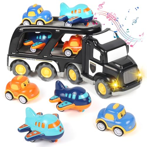 Weinsamkeit Camion avec Sons et Lumières, Garage Voiture pour Enfants, 5 en 1 Transporter Truck Cars Portable Bus Éducatifs, Cadeau pour Enfants 3-5 Ans Garçons Filles