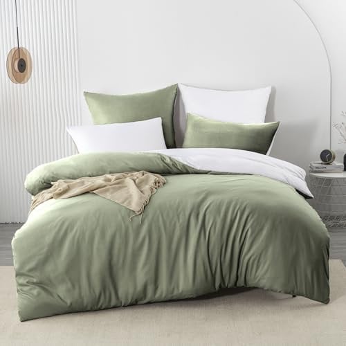Nesture Biancheria da letto 200 x 220 cm, 3 pezzi, verde salvia e bianco, in microfibra, 200 x 220 cm, morbida e non necessita di stiratura, 1 copripiumino + 2 federe 80 x 80 cm, con chiusura lampo