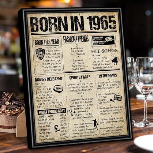 Benjia 1965 Poster Framed UK, Happy 60th Birthday Sign Card Party Decor Supplies Home Decoration Birthday Gift 60 Years Old Wedding Newspaper For Men Women (8x10 inch, Vintage)