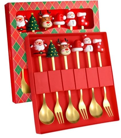 Arbolisse Weihnachtsgeschirr Set, Adventskalender Füllung Kinder, Nikolaus Geschenke Kinder, Weihnachtslöffel Tafelgabeln, Kaffee-Rührlöffel,Teelöffel, Dessertgabeln, mit Geschenkverpackung
