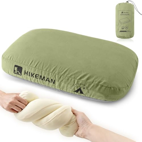 HIKEMAN Cuscino da campeggio in memory foam, ultraleggero, da viaggio, cuscino di supporto per il collo, morbido ed ergonomico, per campeggio, auto, spiaggia, ufficio (verde militare)