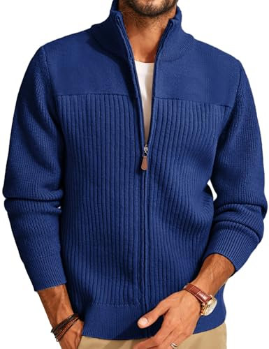 PJ PAUL JONES Cardigan invernale da uomo con cerniera integrale e colletto alla coreana, Blu, S