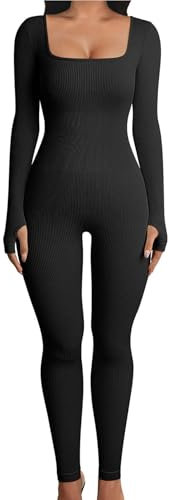 OQQ Damen Jumpsuit Langarm Nahtlos Gerippt Quadratischer Ausschnitt Modischer Freizeit Sport Einteiler für Yoga Fitness Overall Bodycon Schwarz