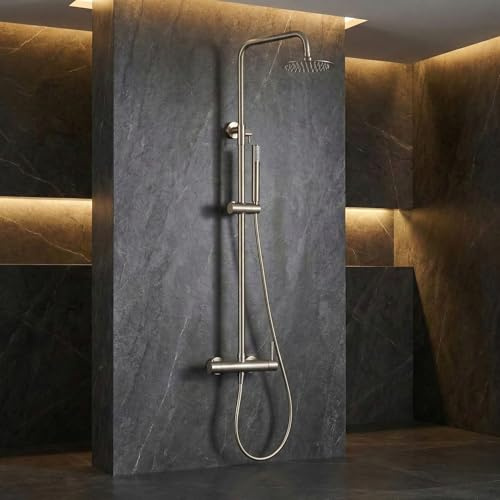 IMEX - Columna Ducha con Grifo | Kit de Ducha con Alcachofa y Rociador Antical | Griferia en Latón y Acero Inox S.304 con Barra Extensible | Serie Monza | Color Níquel Cepillado