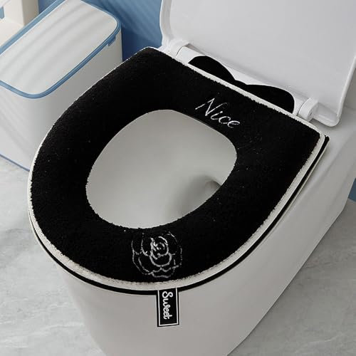 Fashion Zippered Warm Cushioned Toilet Seat Cover,Washable,Reusable Comfortable Universal Toilet Seat Cushion (Black)