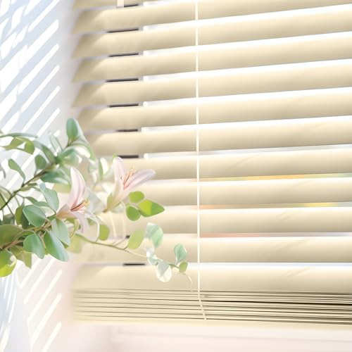 Jalousien für Fenster innen aus Vinyl-PVC auch für Türen 105x160 cm Beige | Einfache Montage mit Bohren an Wand oder Decke. Reguliert Licht und Sichtschutz. Selbstarretierender Schnurzug StoresDeco