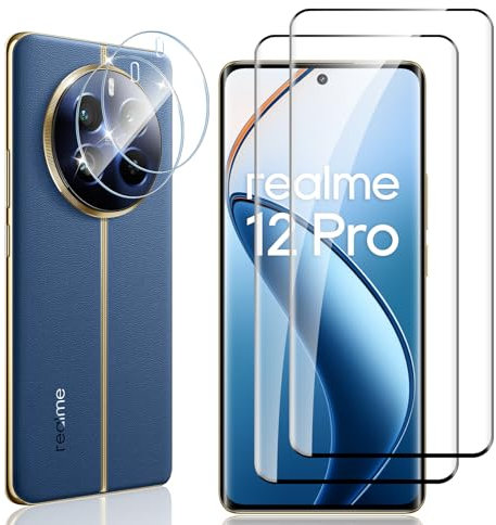 Locofun Protector de Pantalla para Realme 12 Pro/Realme 12 Pro Plus 5G, 2 Piezas Cristal Vidrio Templado y 2 Piezas Protector Lente Cámara, HD Anti-Arañazos Película Protectora
