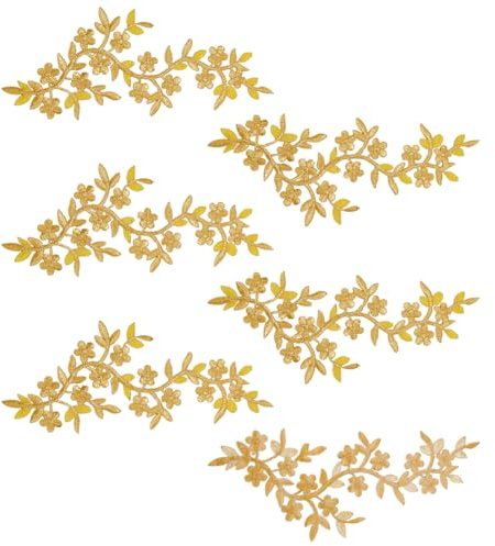 MAYJOYDIY 6Pcs Gold Flower Leaves Iron on Patches Leaf Vine Embroidery Long Patch Sew on Floral Patches Decorative Applique Decal for Wedding Dress Jeans DIY Costume Art Craft Projects