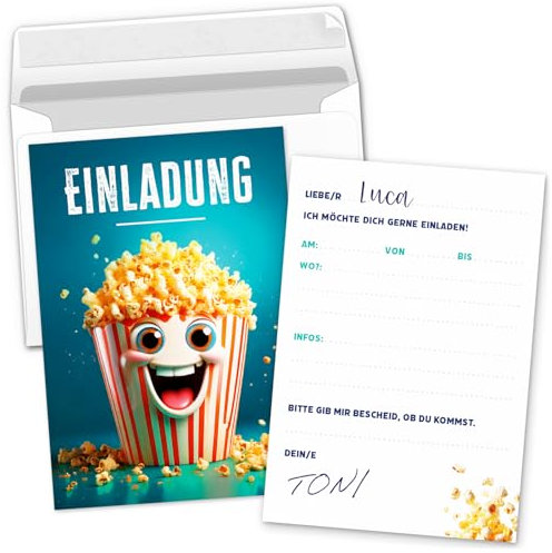 Einladungskarten Kindergeburtstag Kino Film Popcorn - 8 Karten mit Umschlägen – Made in Germany – Kinder Geburtstag Einladung zum Ausfüllen (vorausgefüllt)