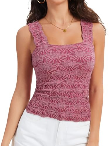 Women's Square Neck Wide Strap Crop Tank Tops Slim Fit Sleeveless Going Out Top Flower Lettuce Trim Cami Tops, Rose Pink, M
