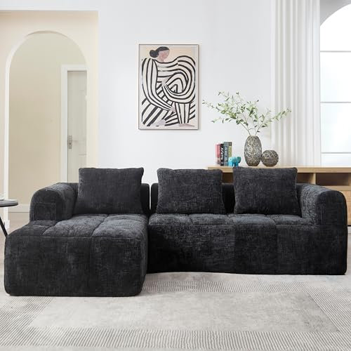 Modernes Ecksofa L Form Sofa, Couch mit Schlaffunktion, Modulares 3 Sitzer Sofa Couch für Wohnzimmer, Schlafzimmer, Apartment, Schwarz