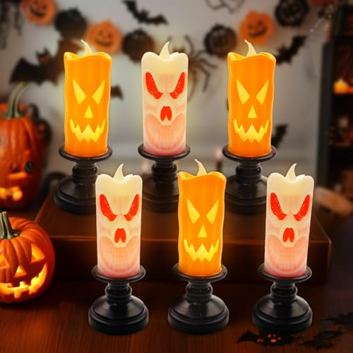 SPERMUOY Halloween kerzen,6 Stück Halloween Deko Kerzen halloween Kürbis Led Kerzen Hallowee-n LED Kürbis Kerzenhalter für Tischdeko,Lnnen Außen