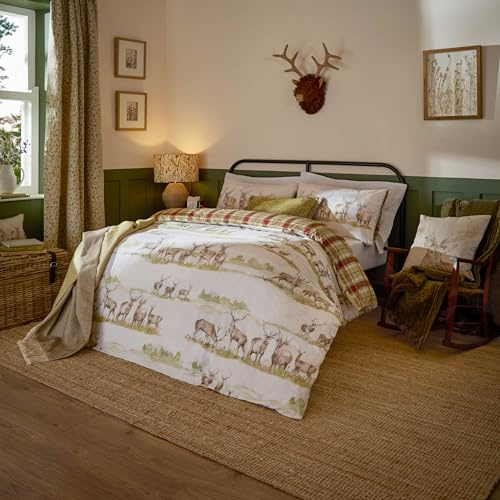 Voyage Maison Moorland Stags Duvet Cover Set – Checked Stag Reversible 100% Tumbled Cotton Bedding (Multicolour - King)