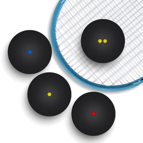 Gatuida 4 Stück Squash Bälle Doppelgelb Punkte, Einzelne Gelbe, Rot, Blaue | Squash Ball aus Gummi, Punkte Schwarz Squashbälle für Training und Übung Indoor und Außenbereich Racket Sport