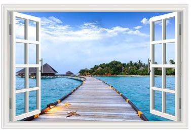 OZPWBVY Finta Finestra Paesaggio Quadro su Tela-Casa Ponte Mare-Quadri Moderni Soggiorno-Natura Immagini Murale Decorazione 80x120cm Senza Cornice