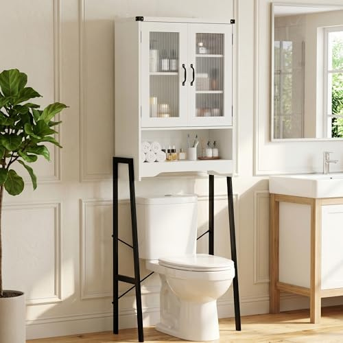 BonVache Over Toilet Storage Unit with 6 Storage Compartments, Toilet storage with Clear Doors and Adjustable Shelf, Tall Freestanding Rack for Bathroom & Laundry Room, White