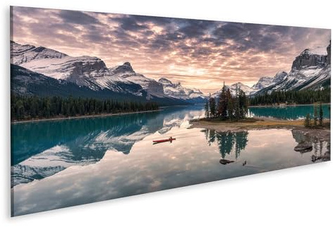 islandburner Leinwandbild Reisende Kanufahrer Rocky Mountain Reflexion Maligne Lake Spirit Islan - Leinwand 120x40cm - Panorama