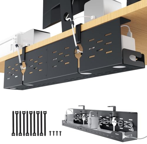 Univivi Under Desk Cable Management Tray, 32 in Desk Cable Tidy Tray, Black | Steel, No-Drill C-Clamp & Screw Mount, Flexible Desk Organiser, Heavy Duty, Cord Organiser Desk, For Office and Home