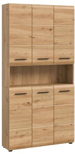 furnling Mehrzweckschrank Ivy, Artisan Oak, 1 offenes Fach, 6 Türen, Hochschrank mit 8 verstellbaren Einlegeböden, Front mit Rillenfräsung, Breite 90 cm
