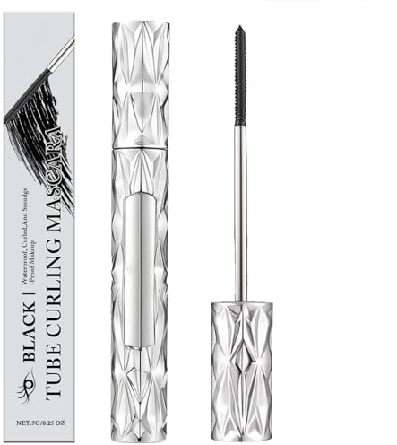 Metallic Mascara,Metal Wand Mascara with Fine Bristle Brush for Long Lasting Makeup,6D Curling Eyelash Iron Metal Wand Ma/scara,Non-Clumping,Waterproof&Smudge Proof Mascara Primer in Steel Tube(Black)