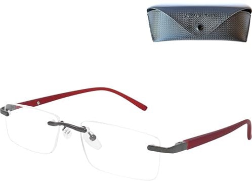 Mini Brille Randlose Lesebrille mit rechteckigen Gläsern - mit Gratis Etui, Edelstahl Rahmen (Rot), Lesehilfe Herren und Damen +2.0 Dioptrien