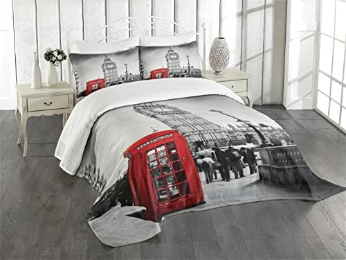 ABAKUHAUS London Tagesdecke Set, Telefonzelle Big Ben, Set mit Kissenbezügen Waschbar, für Doppelbetten 264 x 220 cm, Grau Rot