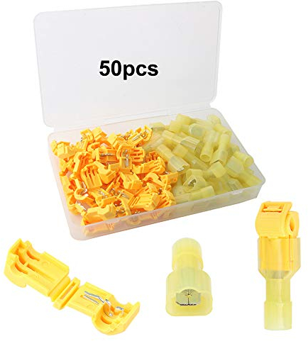 QitinDasen 50Pcs (25 Pairs) Premium T-Tap Wire Terminals Kit, T-Tap Self-Stripping Wire Connectors with Nylon Fully Insulated Male Quick Disconnect (Yellow)