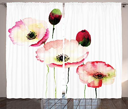 ABAKUHAUS Blumen Rustikaler Gardine, Poppy Vintage-Blüten, Schlafzimmer Kräuselband Vorhang mit Schlaufen und Haken, 280 x 260 cm, Pink Rot