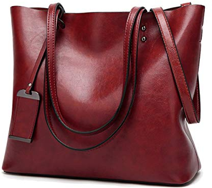 Coolives Damen Shopper Tasche aus PU-Leder mit Schulterriemen Schultertasche Umhängetasche Eimer Handtasche für Frauen Weinrot EINWEG