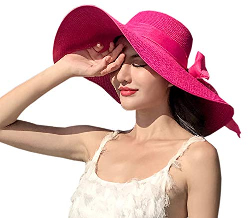 Elonglin Chapeau de Soleil en Paille à Bord Large pour Femme Capeline Pliable Décoration de Ruban pour Extérieur Plage Eté Anti-UV Respirant Rose Rouge