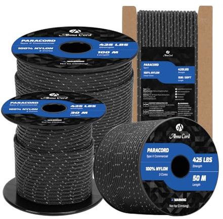 Abma Cord Paracord 3mm 30m 100% Nylon Rope Type II 3 Strands Parachute Cord - Max. 192kg (425lbs) - Reflective Black