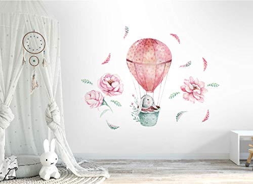 Wandtattoo Hase I Blumen Heißluftballon Feder Kinderbilder Junge Kinderzimmer Mädchen Aufkleber Osomhome os8837 (205x155cm)