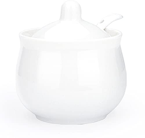 Swetwiny Porcelain Sugar Bowl with Lid and Spoon, Ceramic Salt Storage Jar, White Seasoning Container for Home and Kitchen, 7 Ounces (White)