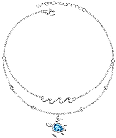 HOOHWE Bracelet de cheville réglable en argent sterling S925 avec motif papillon, ancre, tortue de mer, croix, tournesol, lune pour femmes et filles, 9 inch, Argent sterling