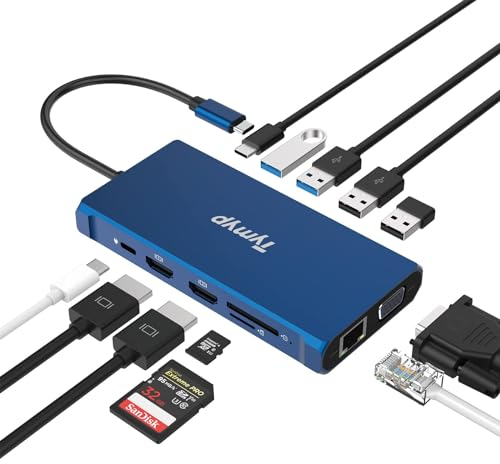 Tymyp USB C Docking Station, 12 in 1 Triple Display USB C Hub Adapter mit Dual 4K HDMI & VGA, 2 x USB 3.0&2.0, USB-C 3.0, Gigabit Ethernet LAN, Typ C PD, SD/TF Kartenleser