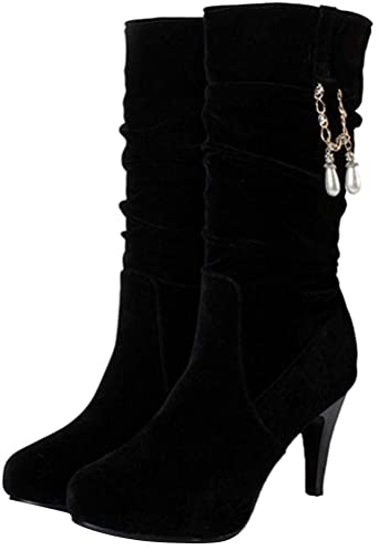Minetom Stivali Donna Alti PU Decorazione di Perle Stivali Tacco A Spillo Scarpe Autunno Invernali Pelle Scamosciata Stivali B Nero 34 EU